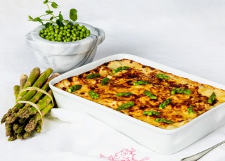 Caterer's lasagna with asparagus and peas